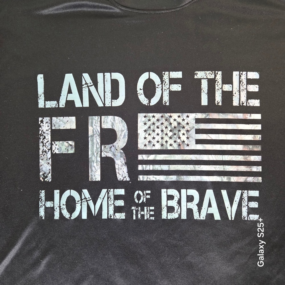 Mossy Oak Mens Large Black Graphic Tee Land of the Free Home of the Brave Camo